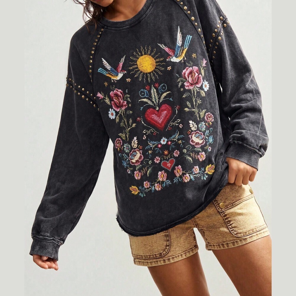 Charcoal Gray Studded Floral Bird Heart Embroidered Long Sleeve Sweatshirt